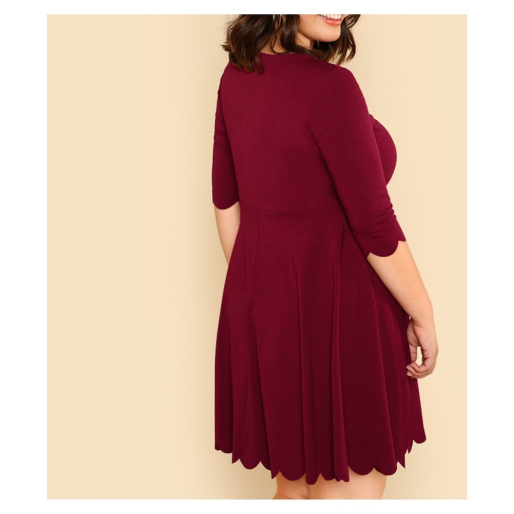 Burgundy Red 3/4 Sleeve Fit & Flare Scallop Dress - Picture 3 of 5